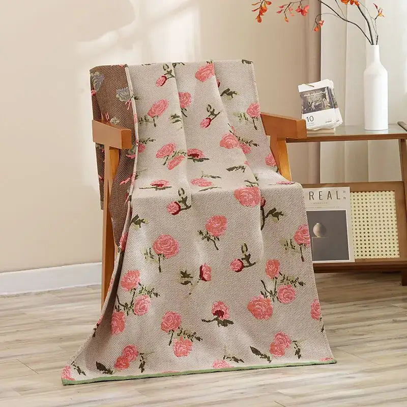 A soft beige cotton gauze bath towel with pink rose pattern and textured weave for decorbites cat bath use