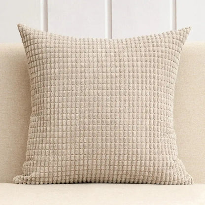 Beige textured corduroy throw pillow with subtle grid pattern in a navy charcoal corn grain decorbites cushion cover set
