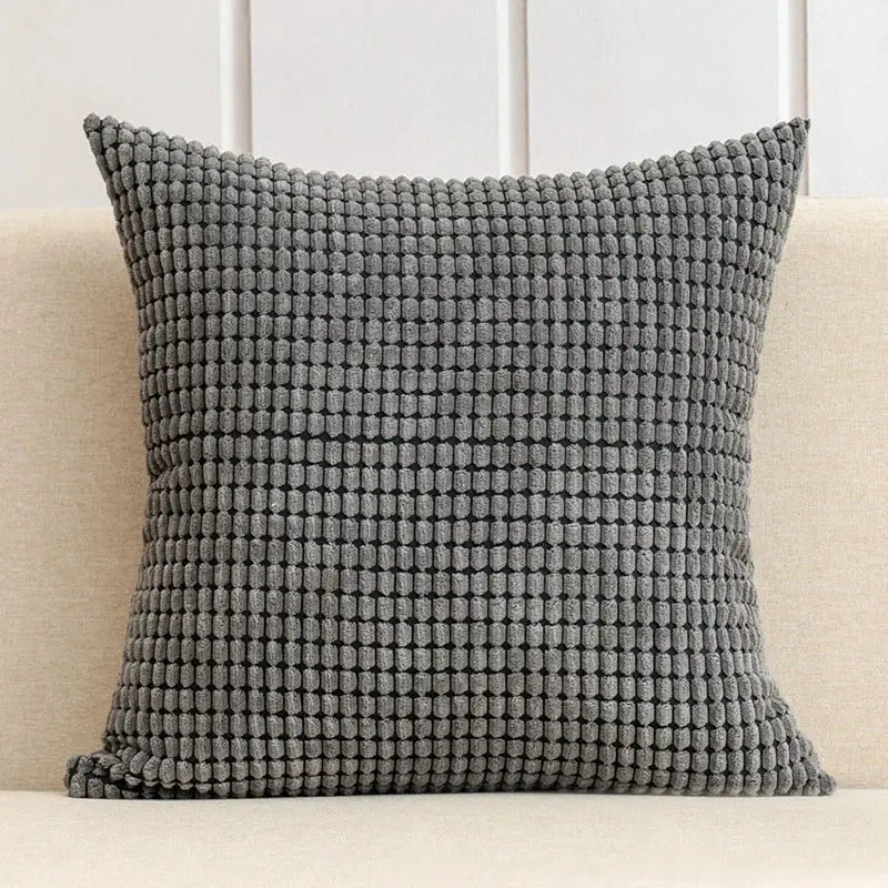 Gray textured throw pillow with raised grid pattern in navy charcoal corduroy corn grain cushion cover decorbites set