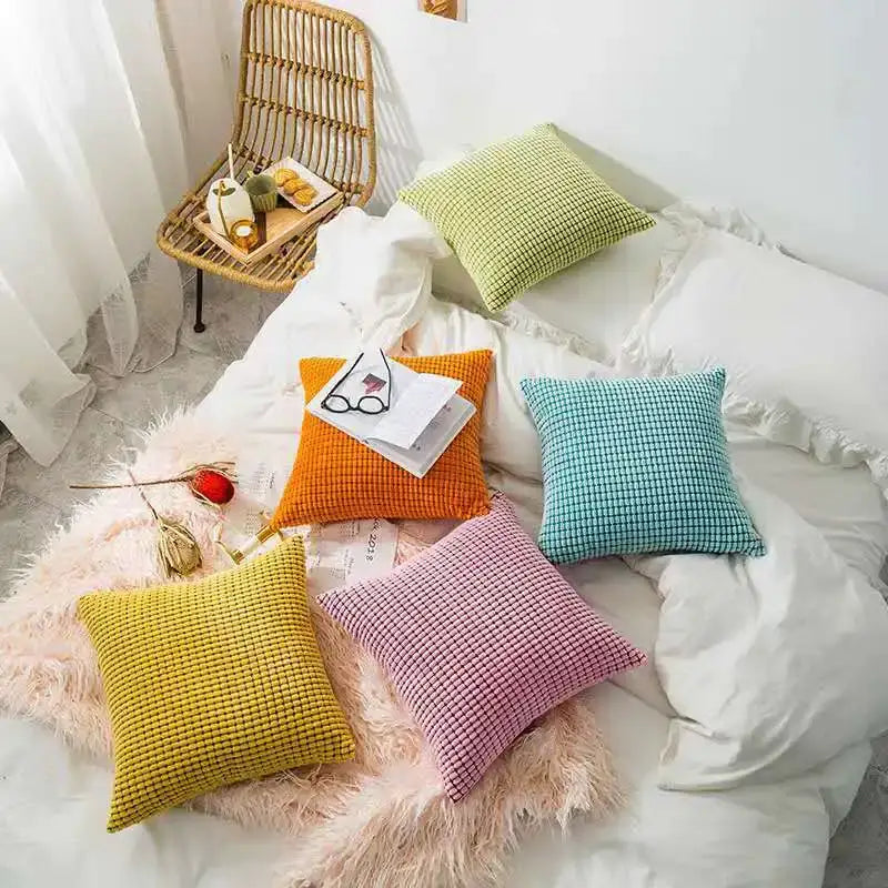 Set of colorful decorbites corduroy corn grain cushion covers in green orange teal pink and yellow for living room decor