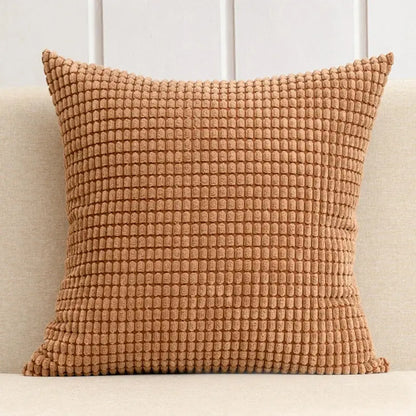 Tan corduroy throw pillow with textured ribbed surface as part of navy and charcoal corn grain cushion cover set decorbites corduroy corn