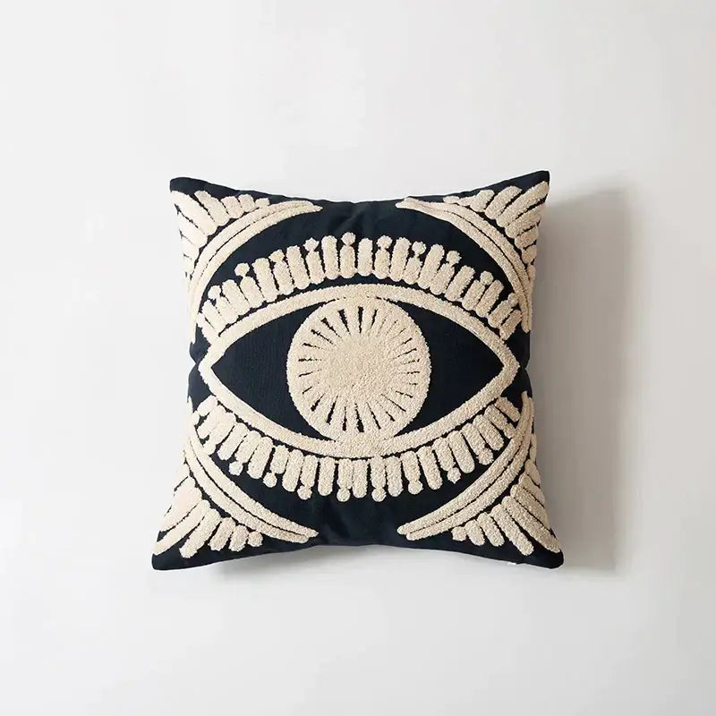 Black pillow cover with cream embroidered cotton eye design for living room decorbites embroidered cotton pillow