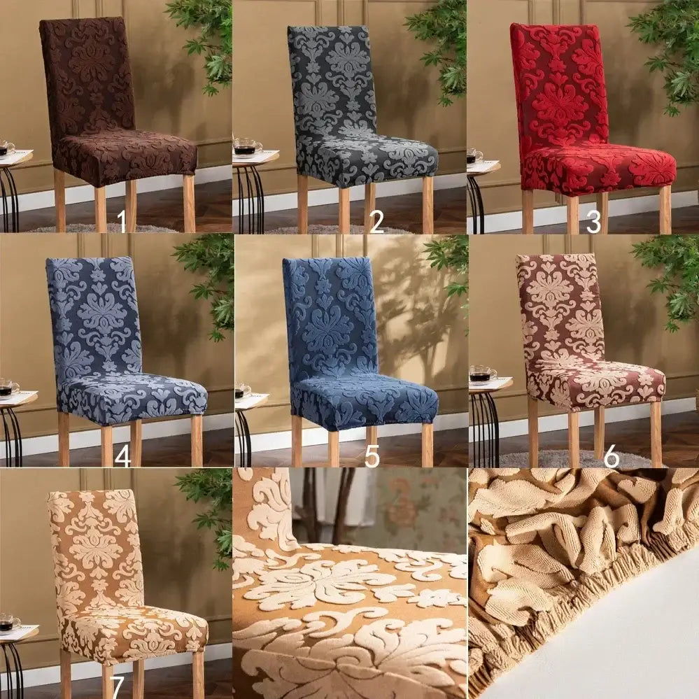 Navy and light gray damask embossed print stretch chair covers in brown, gray, red, blue, and beige decorbites 3d embossed