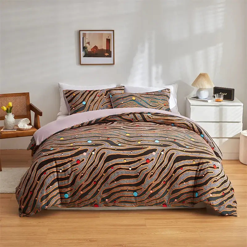 Cozy cosmos luminous bedding set with bold abstract wavy lines in earthy browns and colorful polka dots for decorbites
