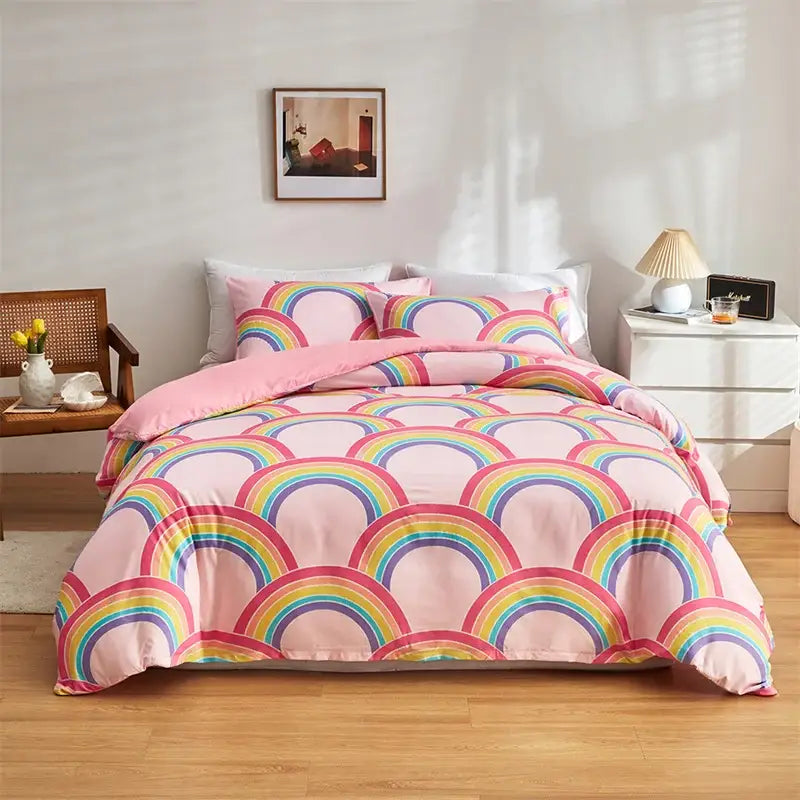 Pink duvet bedding set with vibrant rainbow arch pattern designed for decorbites cosmos luminous bedroom decor