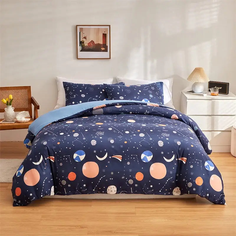 Navy space planet bedding set with colorful planets moons and stars on soft fabric for decorbites cosmos luminous decor