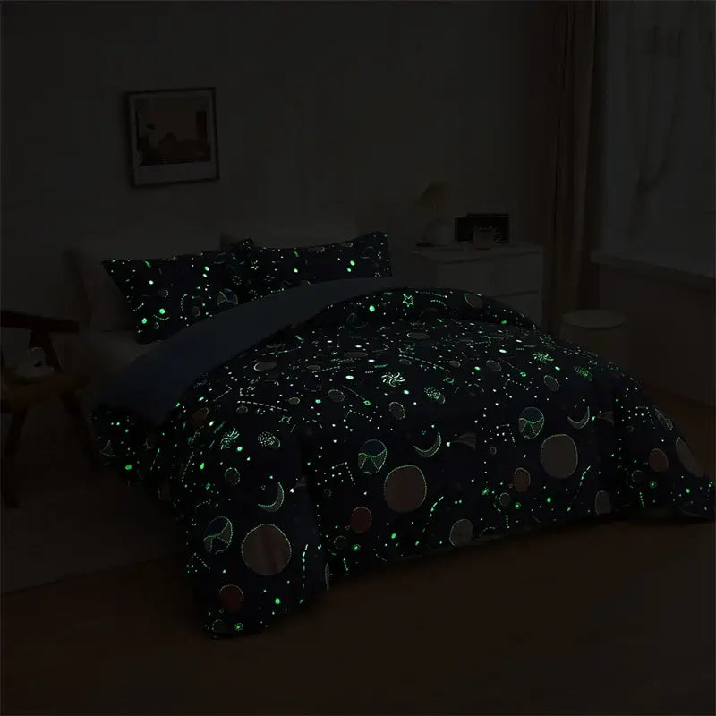 Navy space planet bedding set with decorbites cosmos luminous glow-in-the-dark celestial comforter cover