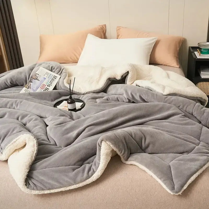 Gray plush throw blanket with soft white fleece lining in a double layer queen sherpa comfort blanket design