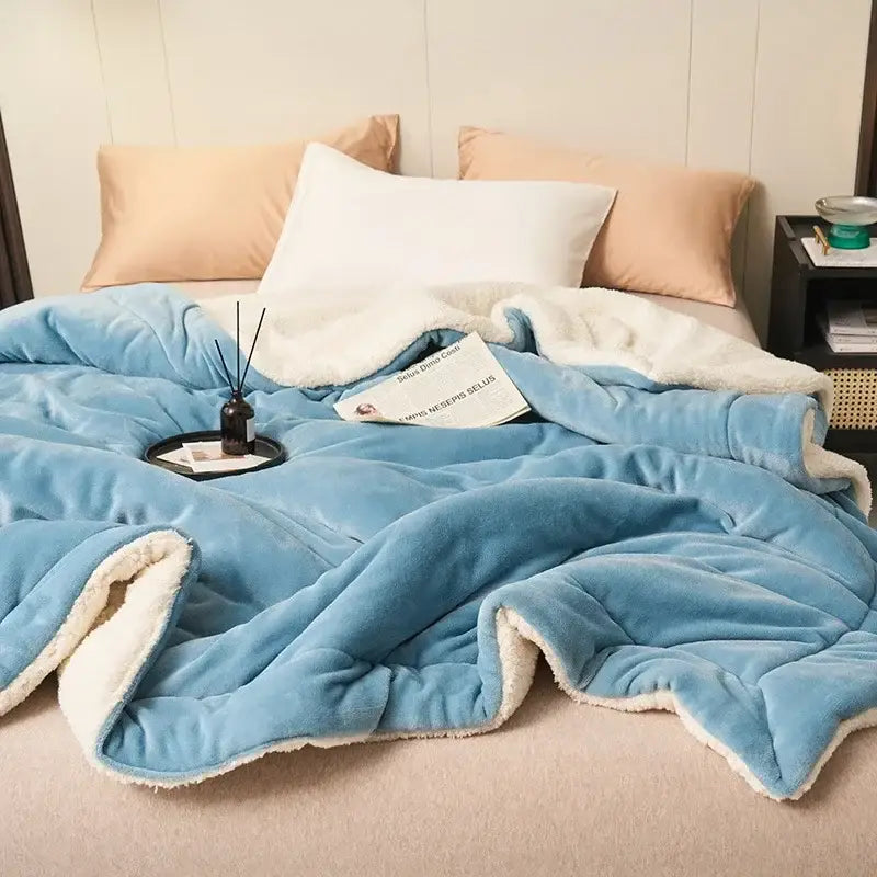 Soft blue double layer queen blanket with cozy white sherpa lining for warm and plush comfort in bedroom use