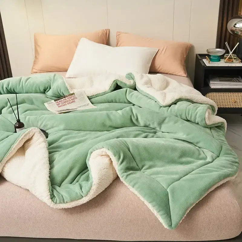 Soft mint green and cream sherpa-lined double layer queen blanket with quilted plush texture for bedroom comfort