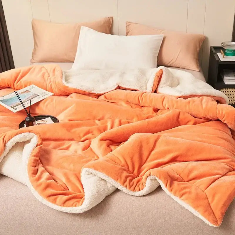 Orange plush throw blanket with soft white sherpa lining double layer queen blanket for bedroom comfort