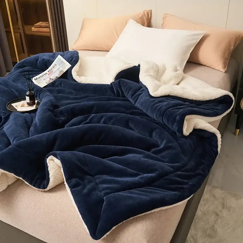 Deep navy double layer queen blanket with plush fabric and soft white sherpa lining for bedroom comfort