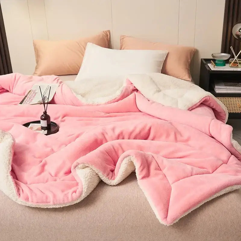 Pink plush double layer queen blanket with soft white sherpa lining for comfortable warmth in bedrooms