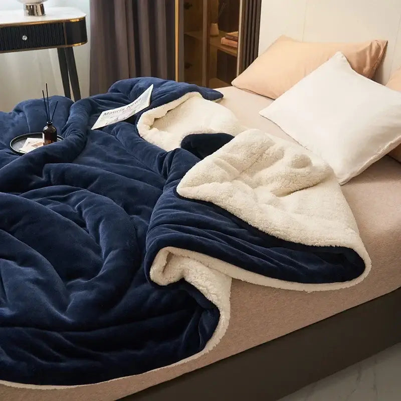 Deep navy double layer queen blanket with soft white sherpa lining featuring plush and cozy texture