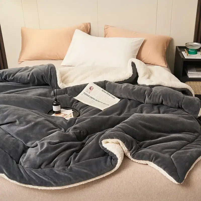 A plush dark gray double layer queen blanket with soft white sherpa lining for cozy bedroom comfort