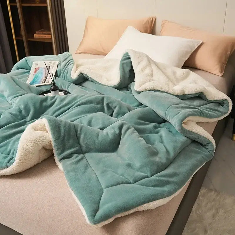 A plush teal and cream sherpa double layer queen blanket with quilted design draped over a bed for comfort
