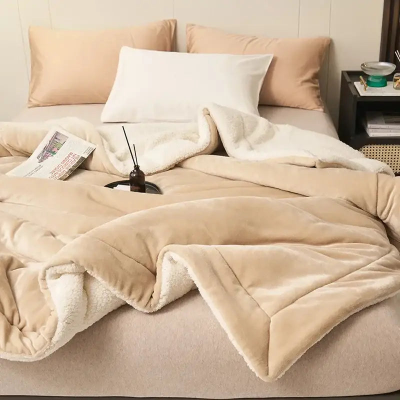 Beige plush fleece double layer queen blanket with soft cozy texture and cream-colored sherpa inner lining for bedroom use