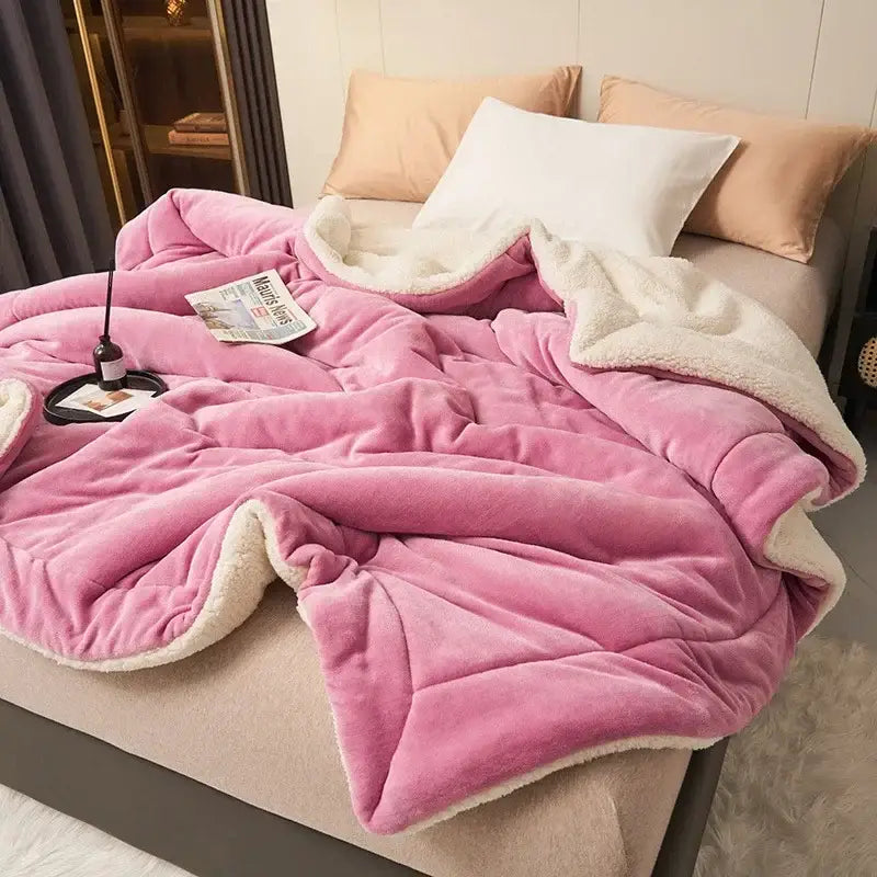 Pink plush fleece double layer queen blanket with soft white sherpa lining for cozy bedroom comfort