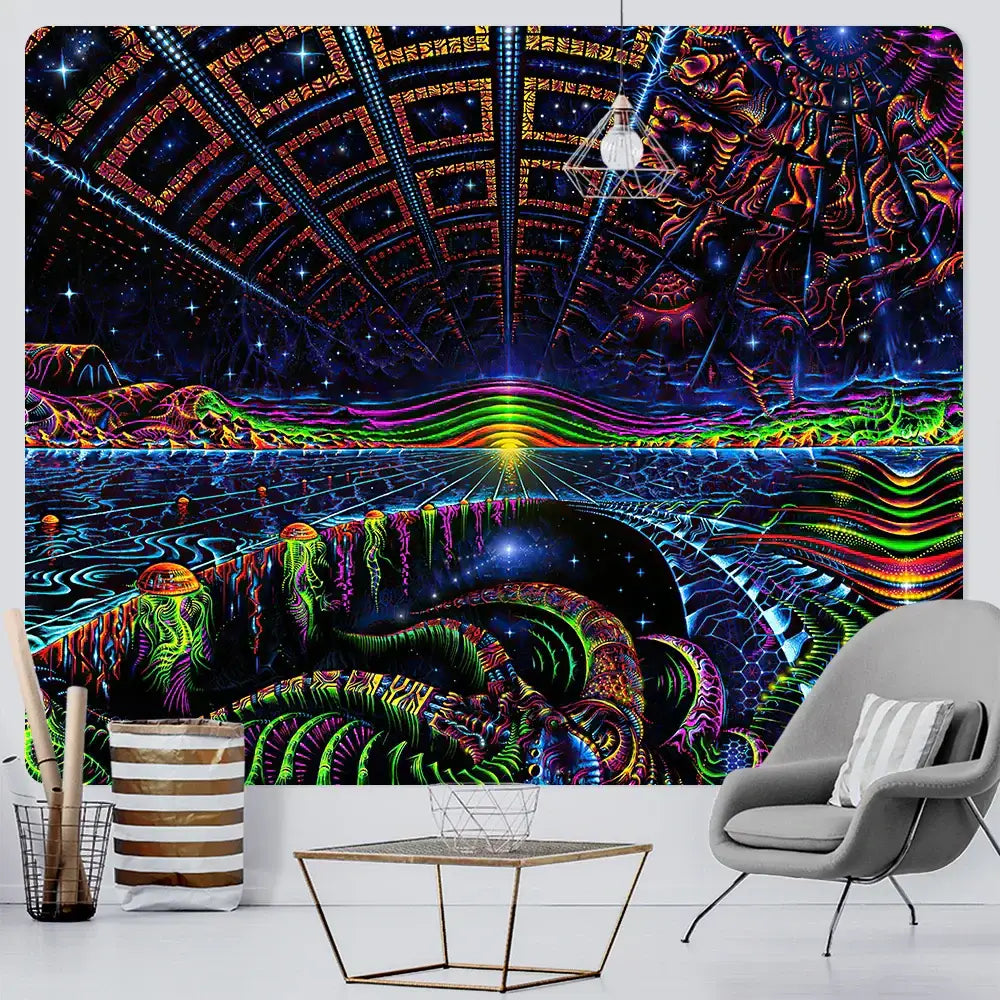 Vibrant neon psychedelic bohemian tapestry with intricate cosmic patterns for decorbites bohemian bedroom wall art decor