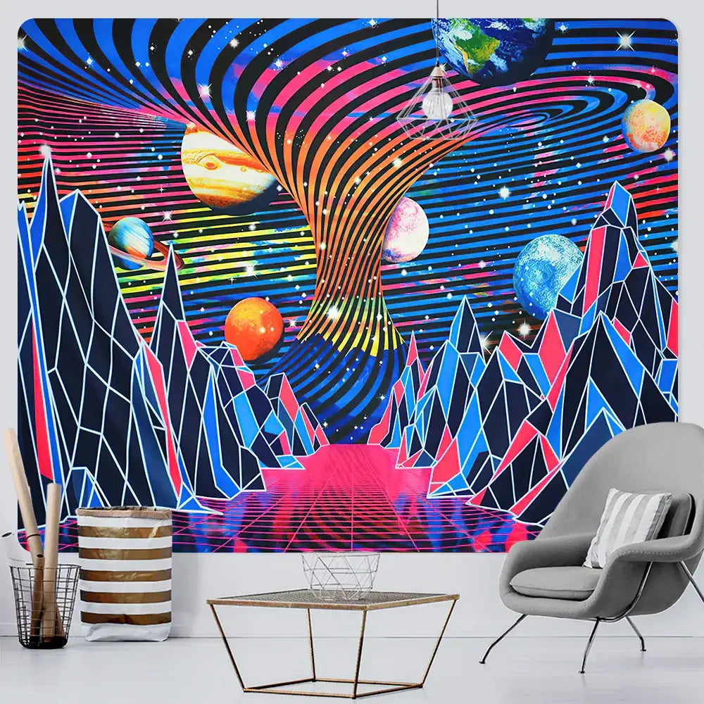 Vibrant neon psychedelic bohemian tapestry with blue pink and orange planets for decorbites bohemian bedroom wall art decor