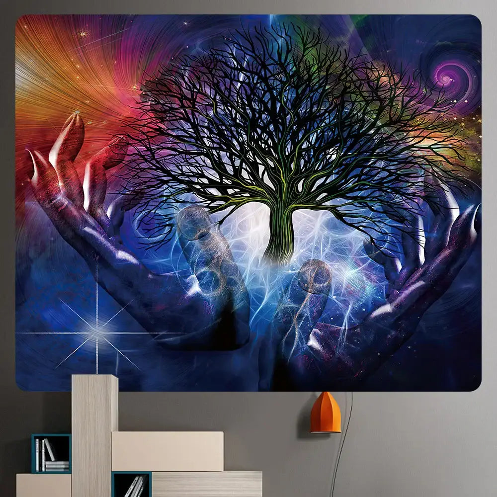 Decorbites bohemian tapestry featuring a vibrant neon cosmic tree with glowing branches for bedroom wall decor