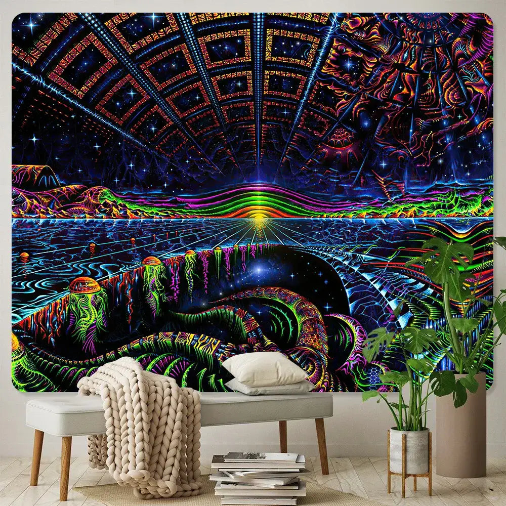 Vibrant neon psychedelic decorbites bohemian tapestry with intricate cosmic designs for bedroom wall art decor