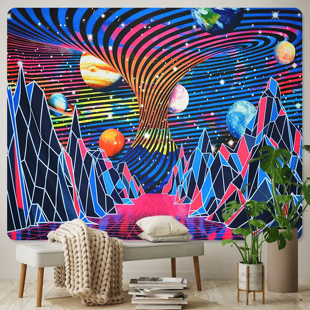 Neon psychedelic bohemian tapestry featuring vibrant galaxy design with glowing planets and geometric mountains for decorbites bohemian decor