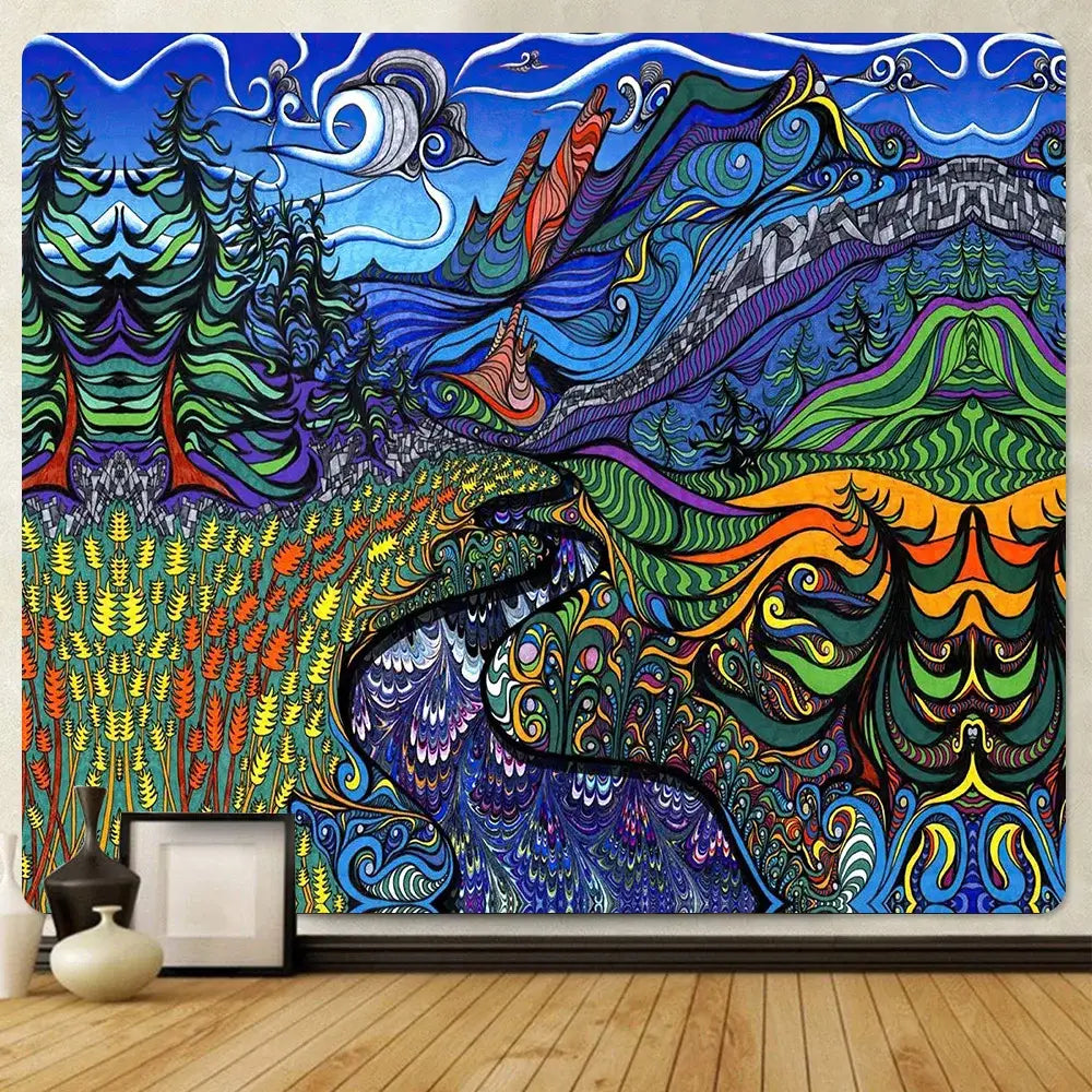 Vibrant neon psychedelic bohemian tapestry with swirling mountains and celestial motifs in bold colors for decorbites bohemian decor