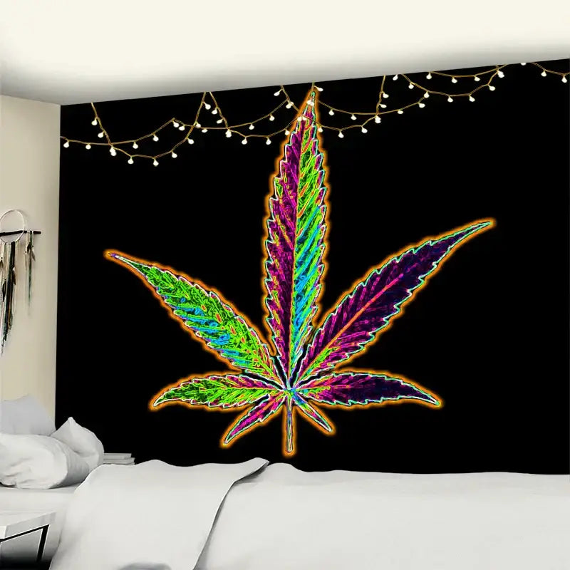 Vibrant neon purple and blue printed maple leaf tapestry with glowing edges for bedroom wall decor on black background