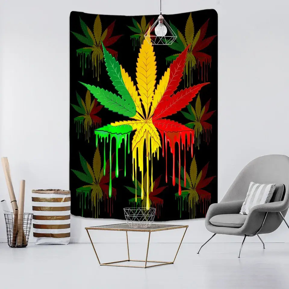 Neon purple and blue printed maple leaf tapestry with vibrant rasta-themed marijuana leaf design for bedroom wall decor