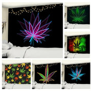 Neon purple and blue printed maple leaf tapestry with vibrant glowing outlines on black background for wall decor