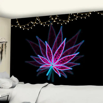 Neon purple and blue printed maple leaf tapestry with vibrant glowing outlines for bedroom wall decor on black background