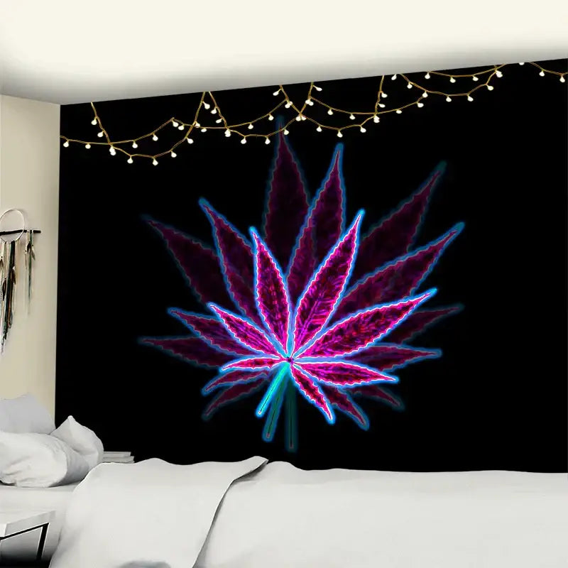 Neon purple and blue printed maple leaf tapestry with vibrant glowing outlines for bedroom wall decor on black background