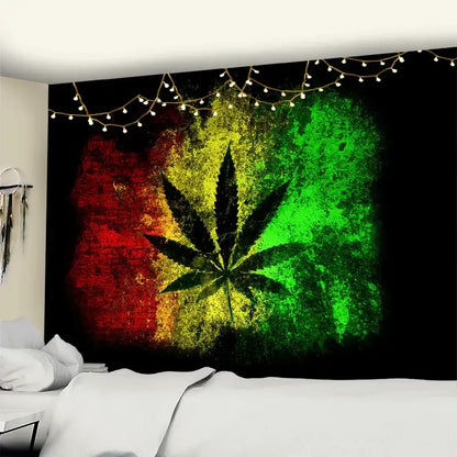 Rasta-themed wall tapestry with black cannabis leaf silhouette on red yellow and green background for bedroom decor