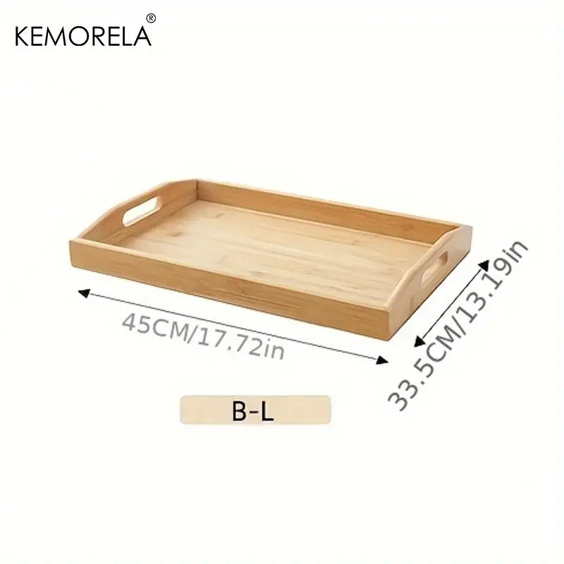 Light brown rectangular wooden trays with integrated handles made of bamboo for kitchen storage organization