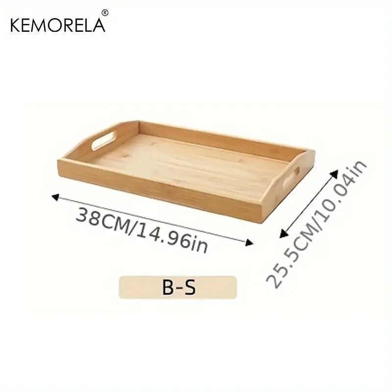 Light-colored rectangular wooden trays made of bamboo with integrated handles for kitchen storage organization