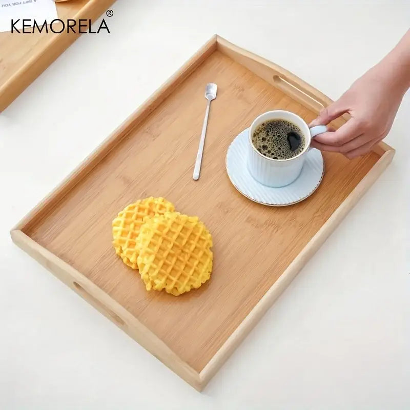 Light brown rectangular wooden trays with integrated handles for kitchen storage and serving organization