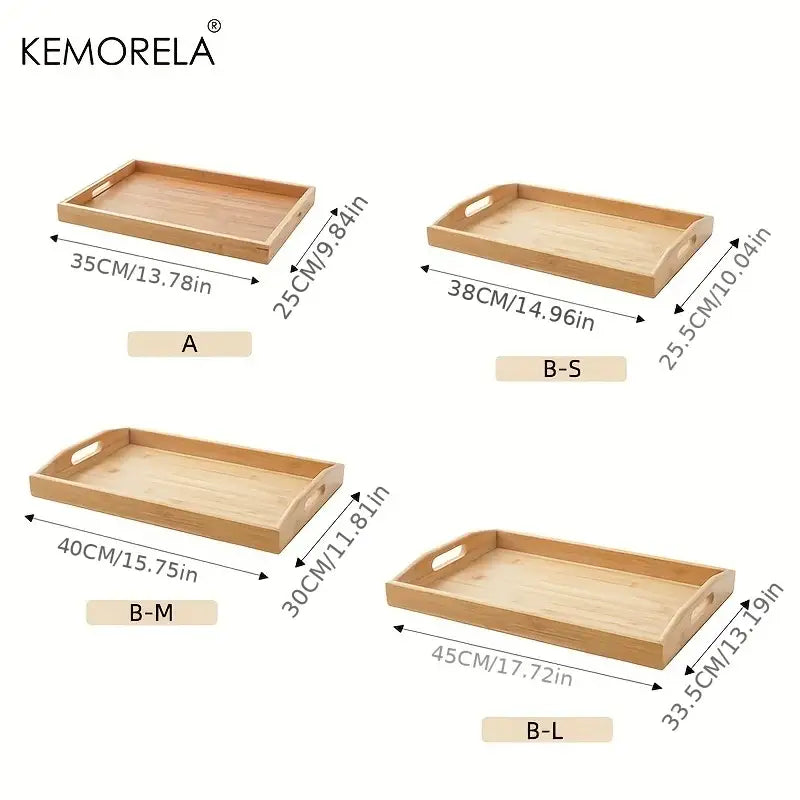 Set of four nested light brown rectangular wooden trays made of bamboo with integrated handles for kitchen storage