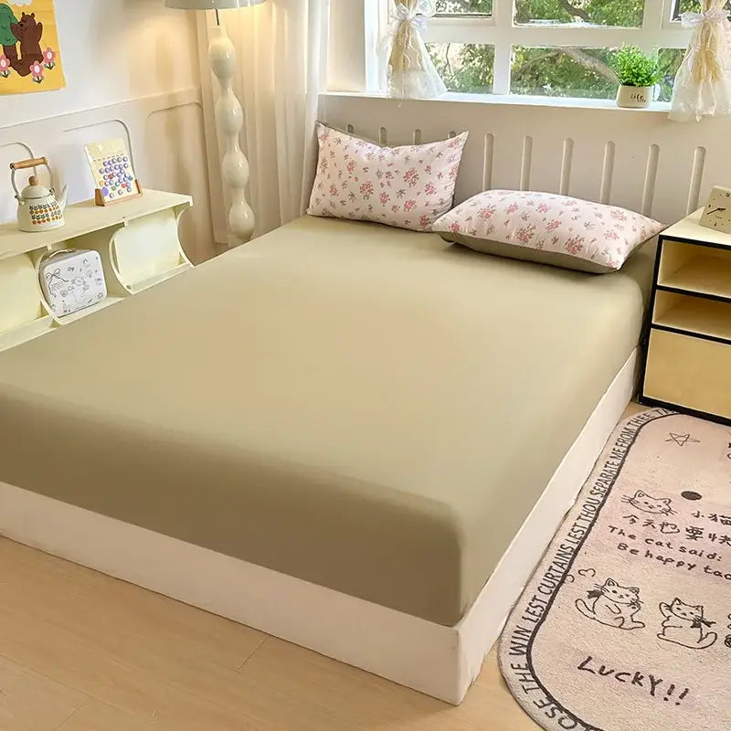 Beige neutral microfiber double bed elastic fitted sheet with smooth stretchy fabric snugly covering mattress