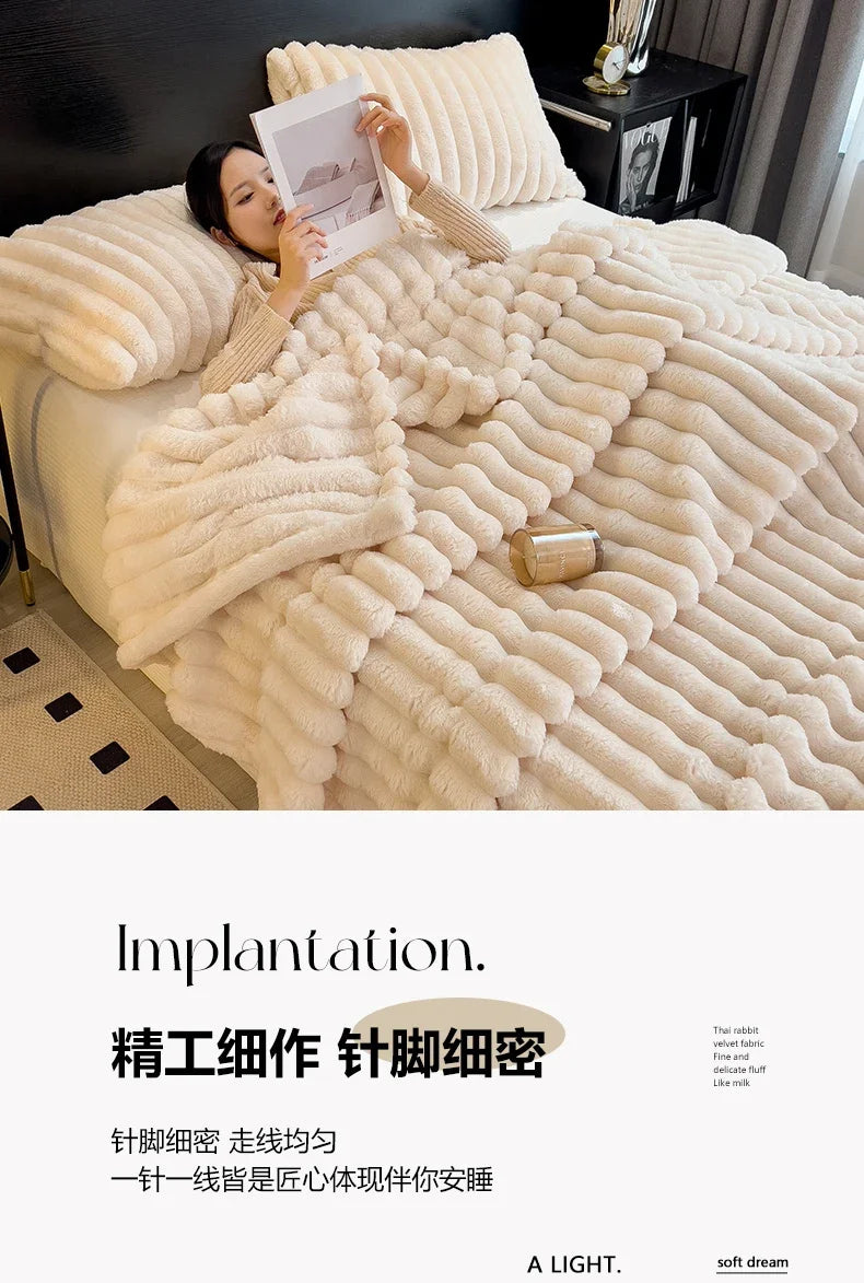 Cream-colored plush ribbed knit blanket made of soft coral fleece and bamboo fiber perfect for autumn warmth and comfort