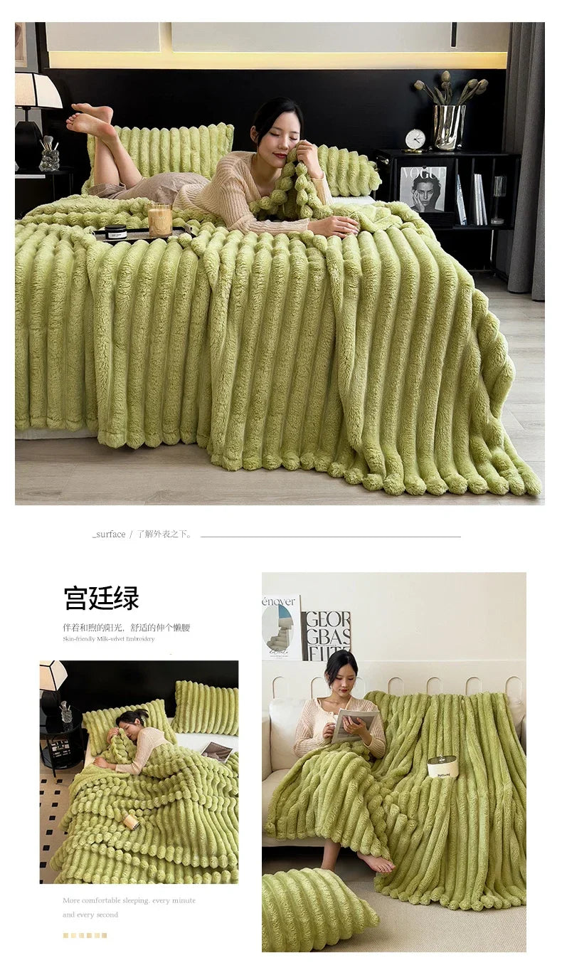A plush lime-green ribbed blanket with chunky knit design made from soft bamboo fiber for cozy autumn warmth