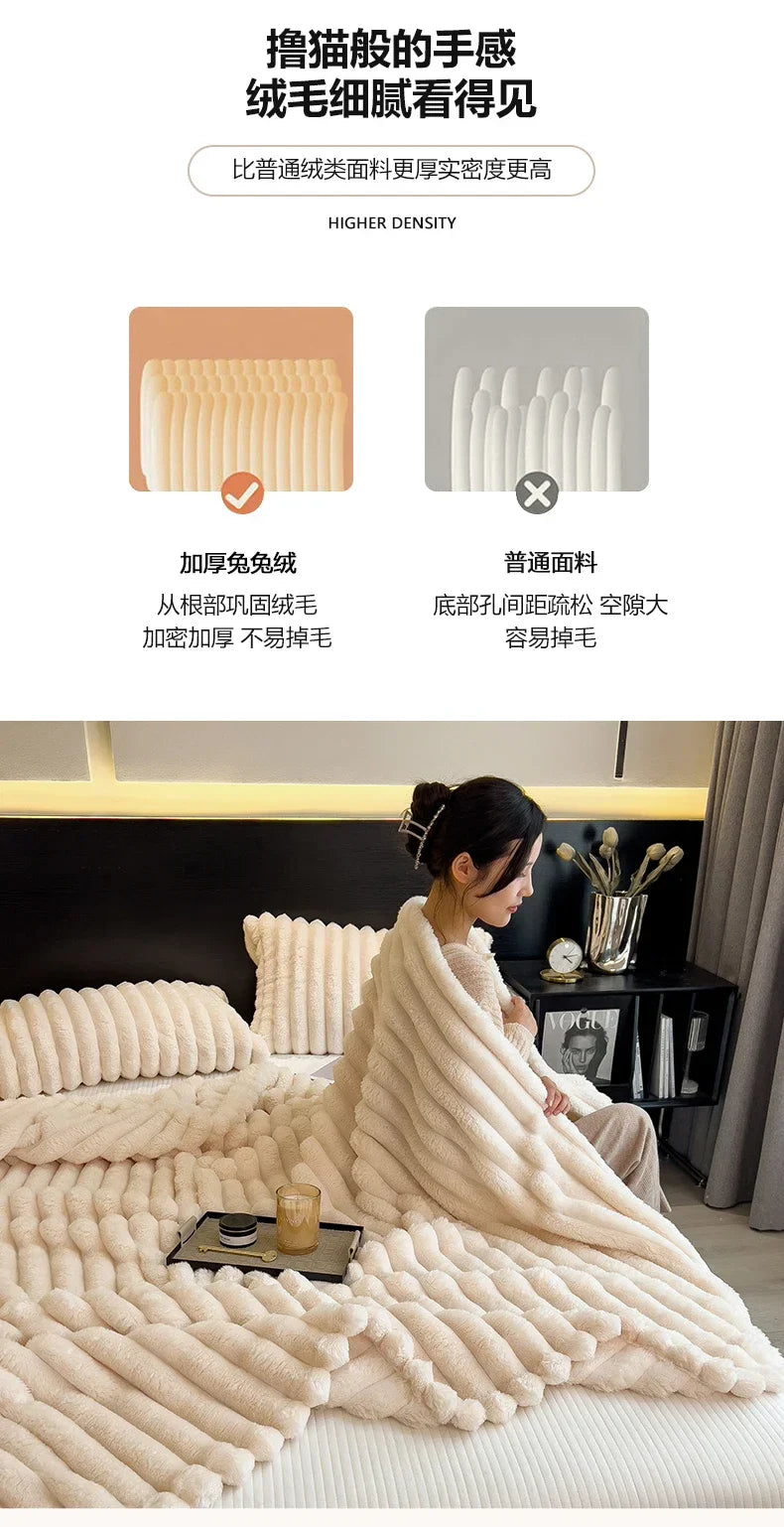 Cream-colored plush ribbed knit blanket with dense texture made of bamboo fiber for warm autumn sofa and bed use