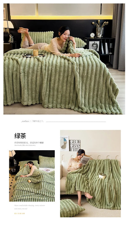 A plush olive green ribbed knit bamboo fiber throw blanket soft textured surface perfect for autumn and sofa use
