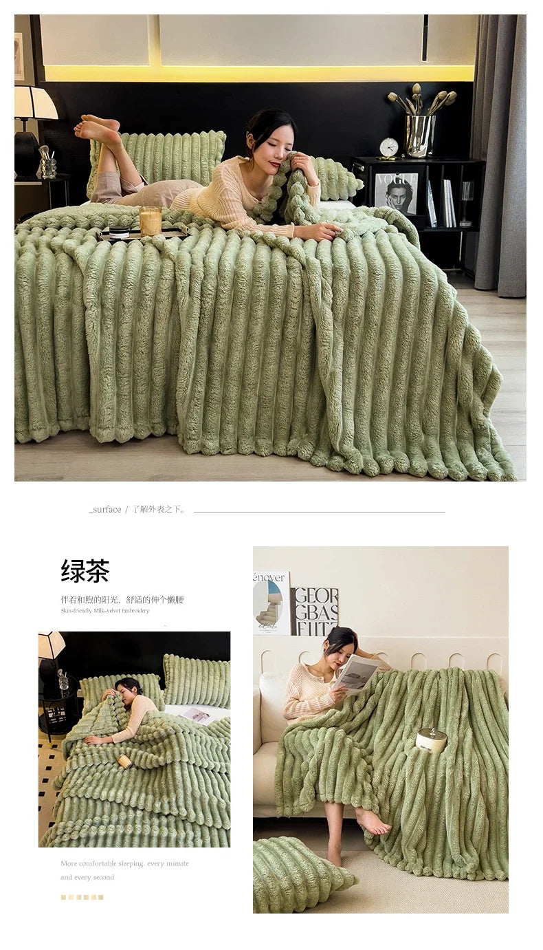 A plush olive green ribbed knit bamboo fiber throw blanket soft textured surface perfect for autumn and sofa use