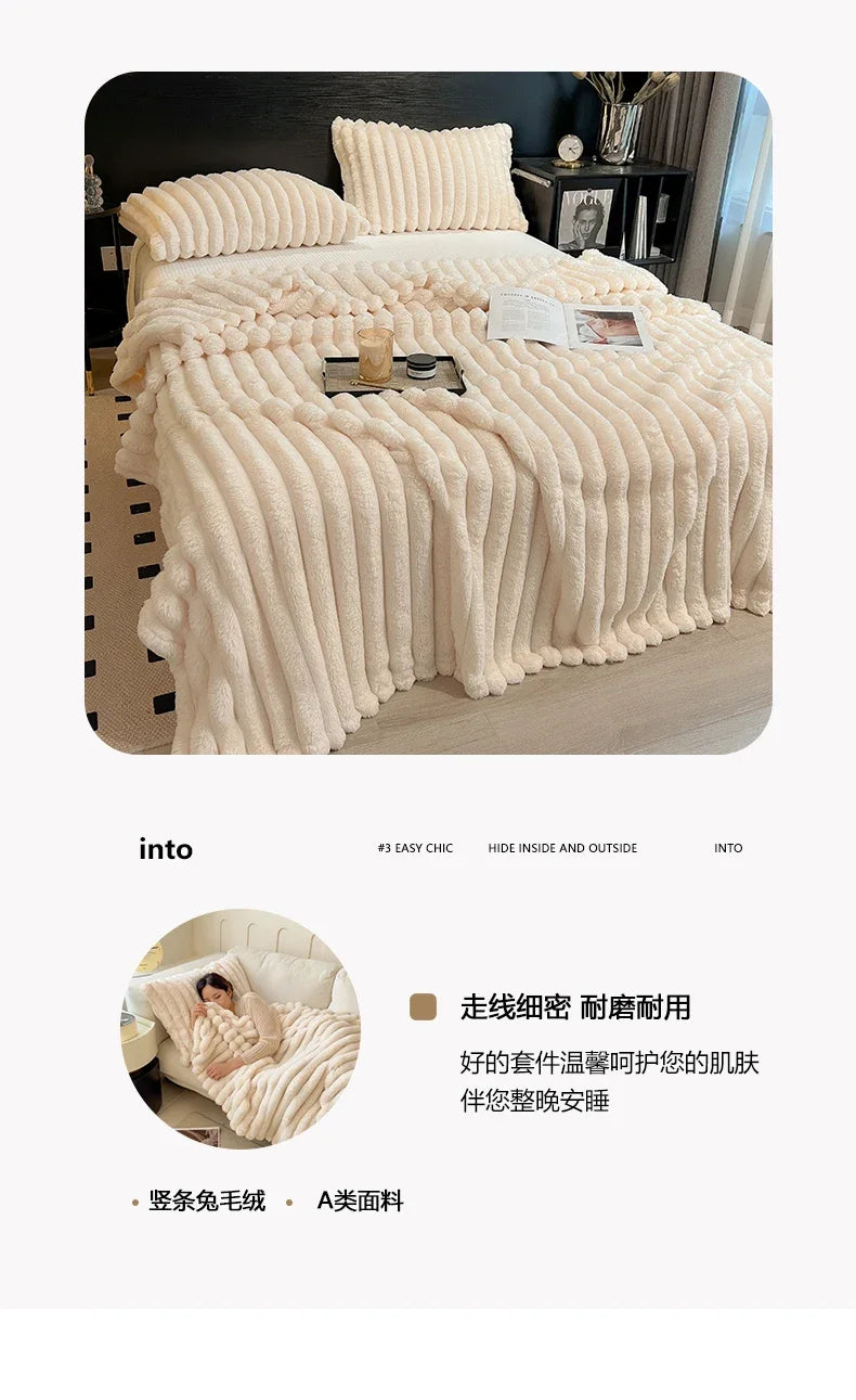 Cream-colored plush faux fur throw blanket with ribbed texture made of bamboo fiber for cozy autumn warmth and comfort