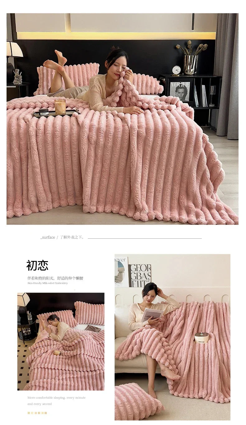 Pink ribbed plush blanket with chunky vertical ridges made of soft coral fleece for warm autumn use with bamboo fiber