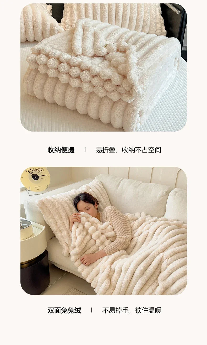 Cream-colored plush throw blanket with ribbed knit texture and pom-poms made of soft bamboo fiber for autumn warmth