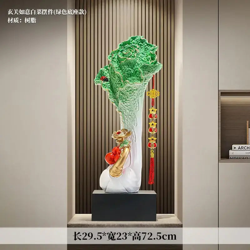 New chinese green and white ceramic decorbites cabbage ornament with intricate leaves and golden dragon for office decor