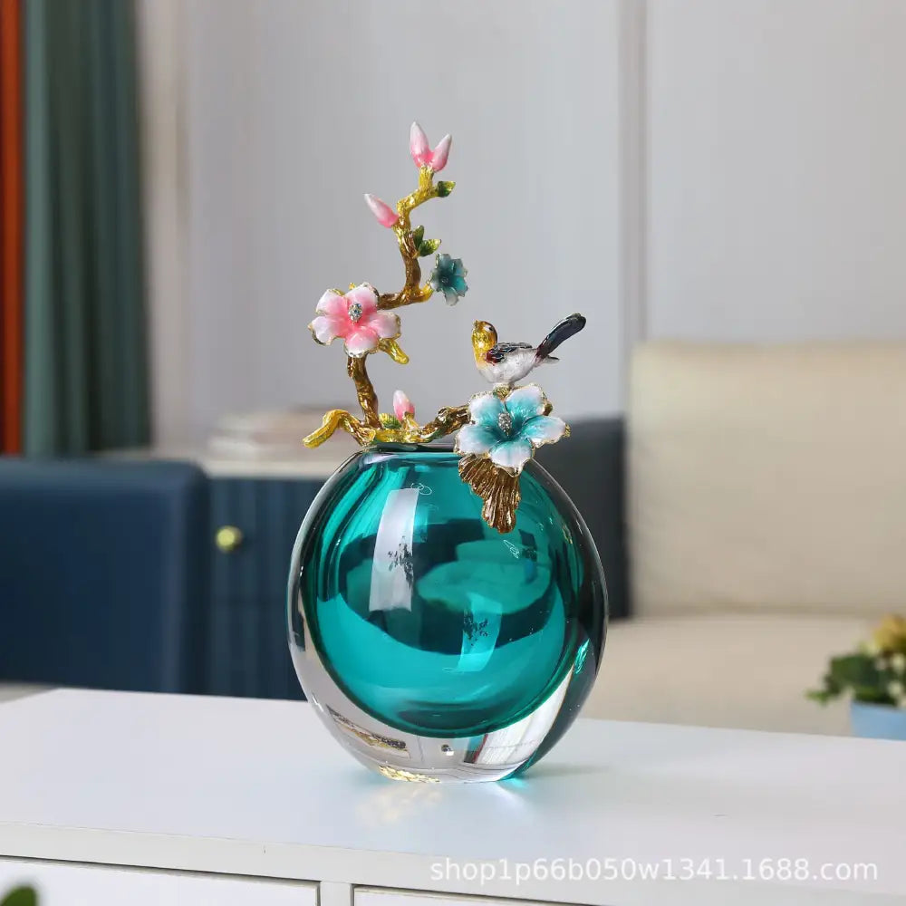 New Chinese teal glass vase with enamel small ornaments including golden branch and small bird for living room decor
