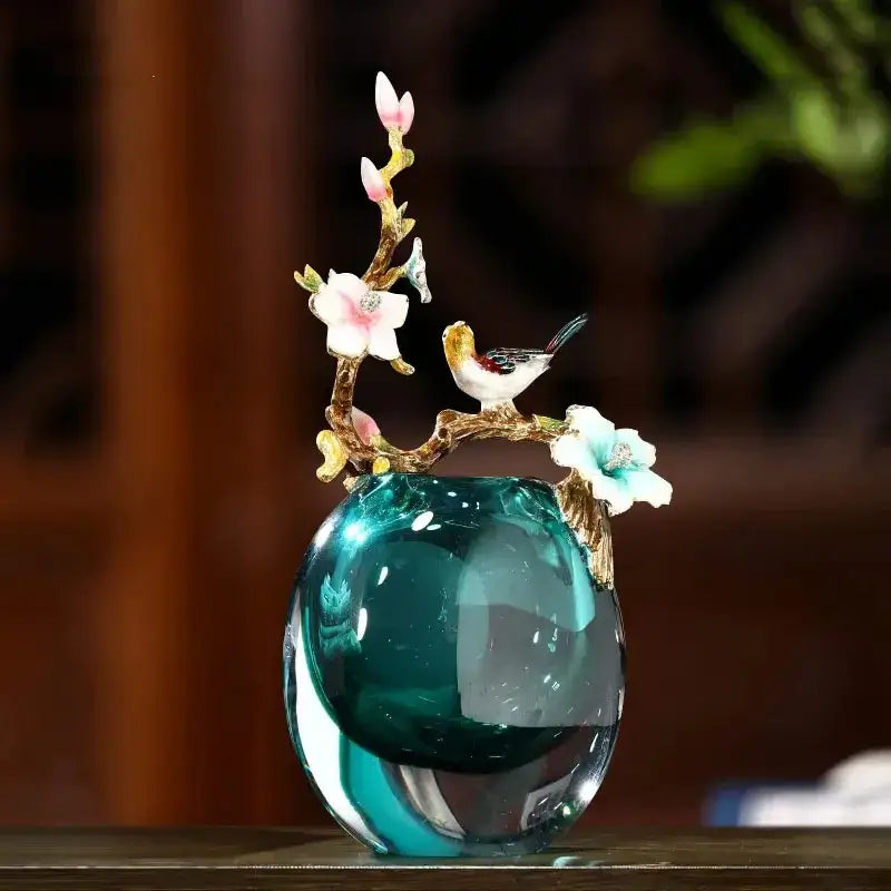 New chinese teal glass vase with enamel small ornaments and golden branch with pink blossoms for living room decor